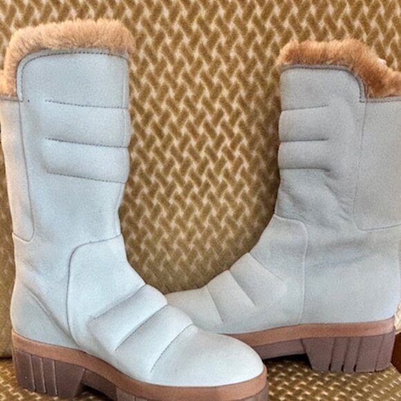 Free People Fable Faux Fur Leather Sky Blue Suede Platform Lug Sole Boots NEW - Picture 14 of 16